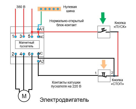 упрощенная схема включения двигателя при помощи пускателя