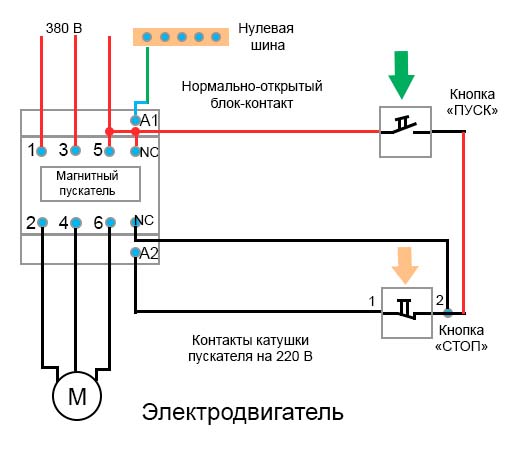 упрощенная схема включения двигателя при помощи пускателя