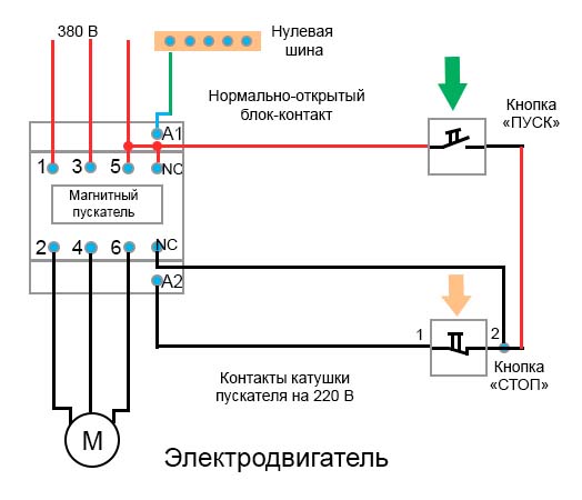 упрощенная схема включения двигателя при помощи пускателя