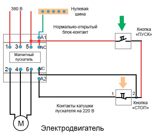 упрощенная схема включения двигателя при помощи пускателя